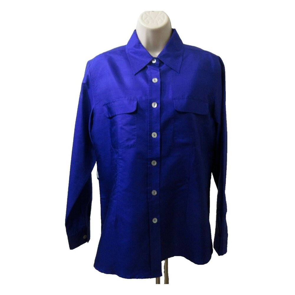 Silkland Blouse Sz S Pure Silk Button Front Purple Flap Pocket Long Sleeve Lined